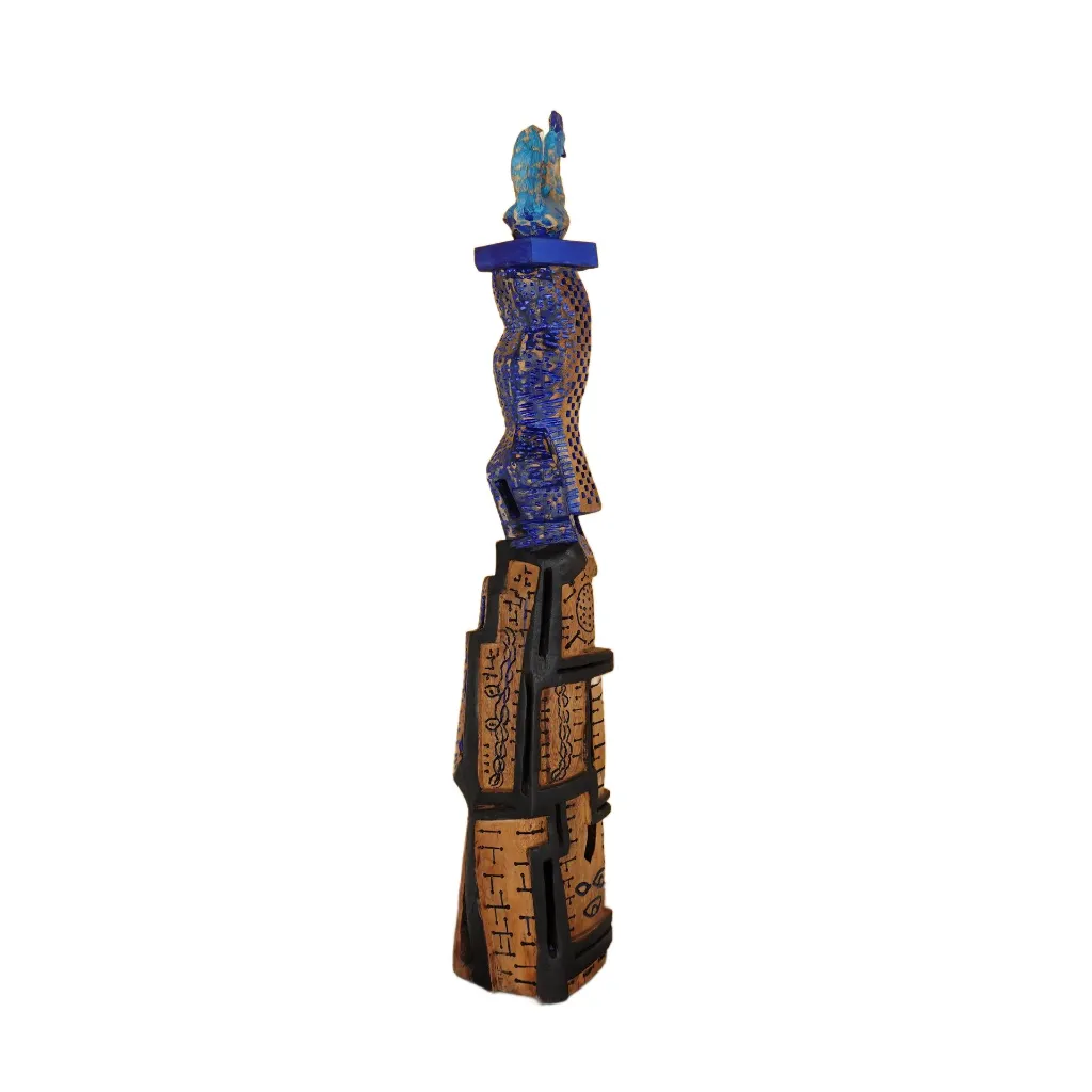 SEBO-010d, Ombre Féminine - Poulet Bicyclette, Sébastien Boko, 2026, Acrylic and Pigments on Carved Wood, 130x25x25cm.webp