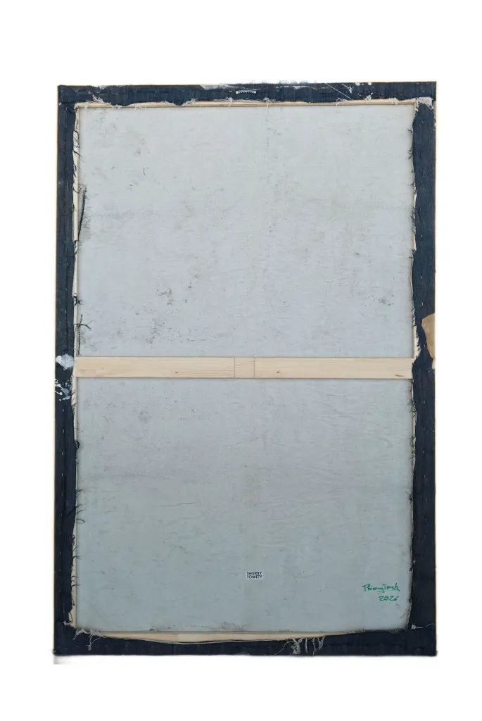 THTO-002c, Gestation, Thierry Tomety, 2026, Collage, paper cloths and fiber on canvas, 180x120cm.webp