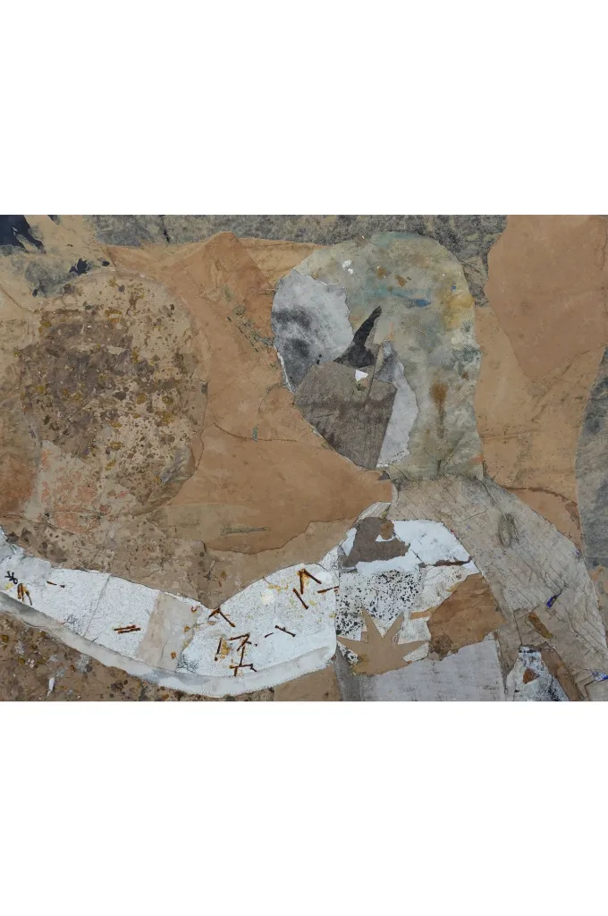 THTO-003b, Ce que nous faisons (What we do), Thierry Tomety, 2026, Paper, Cloths, Nails and Fiber on Canvas, 180x120cm.webp