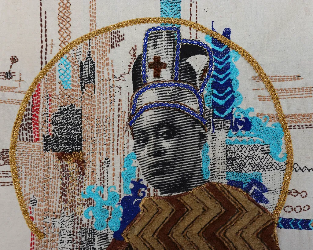 RAMA-004c, The Sovereign, Rachel Malaika, 2026, Serigraphy, beading and embroidery on textile, 110x70cm.webp