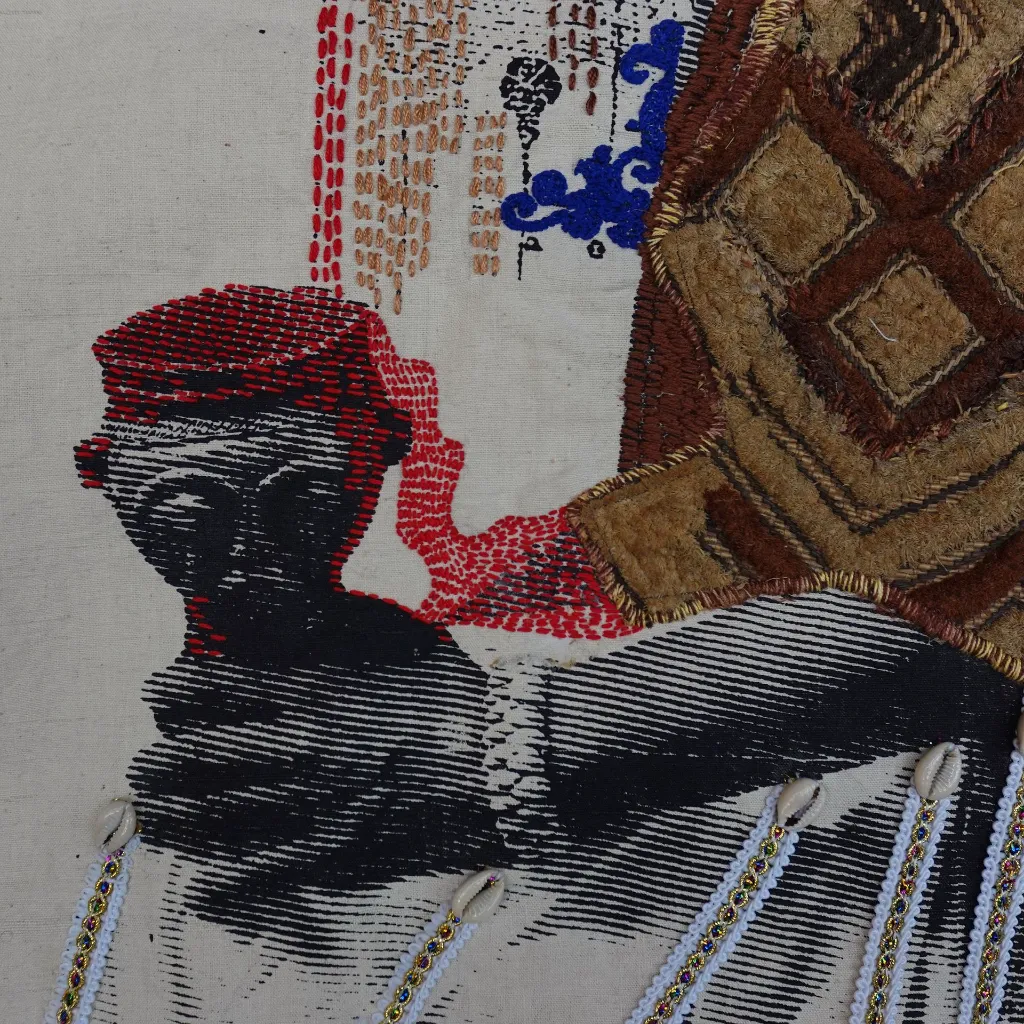 RAMA-004b, The Sovereign, Rachel Malaika, 2026, Serigraphy, beading and embroidery on textile, 110x70cm.webp