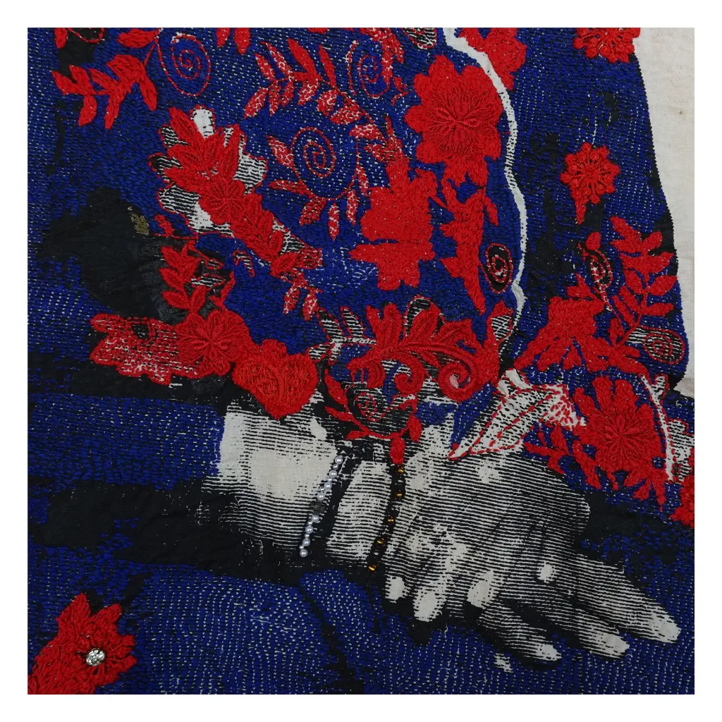 Option 2 - RAMA-003c, Couronnée de Mémoire, Rachel Malaika, 2026, Serigraphy, beading and embroidery on textile, 100x70cm.webp