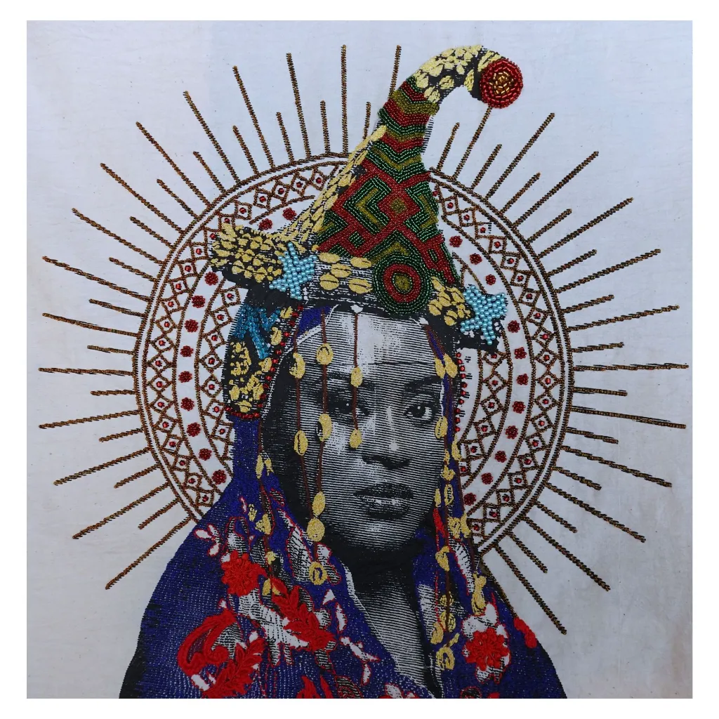 Option 2 - RAMA-003b, Couronnée de Mémoire, Rachel Malaika, 2026, Serigraphy, beading and embroidery on textile, 100x70cm.webp